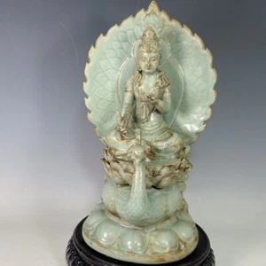 14.3" old antique song dynasty guan kiln ru porcelain green louts buddha statue - Picture 1 of 9
