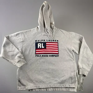 Polo By Ralph Lauren Sweatshirt Womens S/P Hood Grey Distressed American Flag - Picture 1 of 10