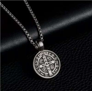 Saint St Benedict Medal Necklace Pendant Stainless Steel Crucifix Cross Exorcism - Picture 1 of 5