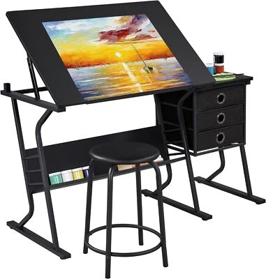 Yaheetech Height Adjustable Drafting Table with Stool and 3 Slide Drawers - Image 1 of 4