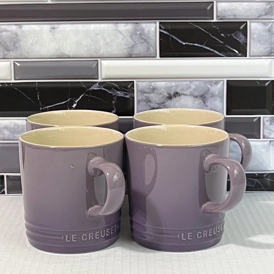 4 EUC Le Creuset Tea Coffee Mugs 12 Oz Full Size Ceramic Ultra Violet
