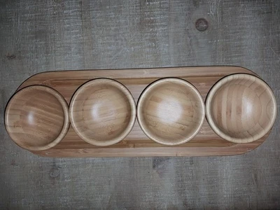 Pampered Chef Bamboo Cracker Snack Dip Tray & 4 Wooden Bowls - Image 1 of 4