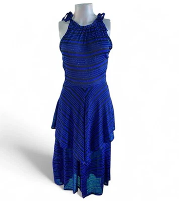 Vestido Midi Asimétrico Rayas Azules Años 70 Años 80 Boho Cuello Halter Retro Festival 10 Foto 1 de 4