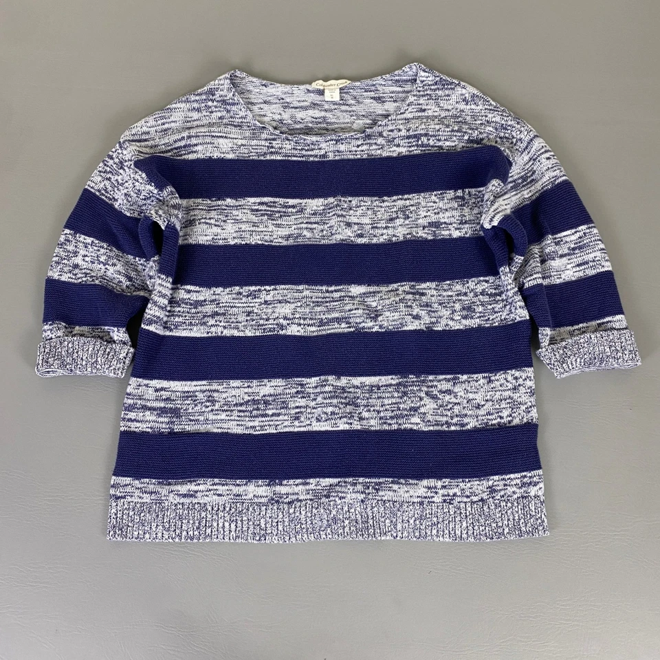 Suéter feminino Coldwater Creek XL azul branco malha listrada manga 3/4 100% algodão - Imagem 1 de 4