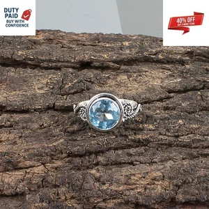 Christmas Sale 925 Sterling Silver Round Natural Sky Blue Topaz Band Fine Ring - Picture 1 of 8