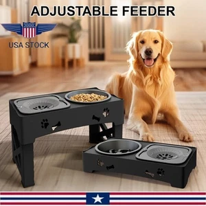 Elevated Raised Pet Dog Feeder Bowl Adjustable Raised Food Water Stand +2 Bowls - Picture 1 of 14