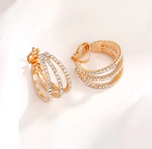 Pendientes de aro anchos recortados en oro y piedra transparente de 3/4" con clip - Imagen 1 de 4