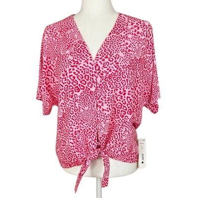 Aqua кнопка вверх короткий рукав блузка размер M розовый красный гепард печать галстук спереди новый с Ярлыками - Изображение 1 из 4