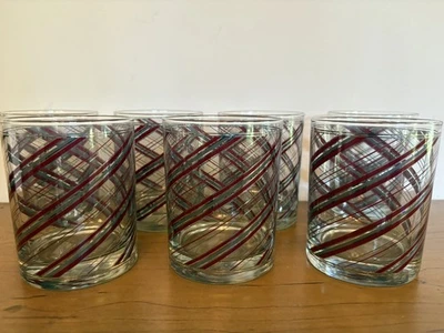 Set Of 7 Culver Vintage Whiskey Rocks Glasses Burgundy Silver Diagonal Stripes - Image 1 of 4