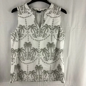 Blusa sin mangas Talbots blanca verde bordada palmera algodón M - Imagen 1 de 7