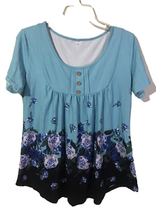 Damen Polyester/Elasthan Kurzarm Blumenmuster Top Gr. Large Markenlos Aqua/Marineblau - Bild 1 von 5