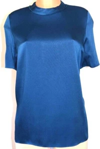 LANVIN PARIS BUE SATIN ROUND NECK SHORT SLEEVES SILK TOP BLOUSE SIZE 42 - Picture 1 of 11