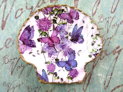 Decoupage Art vieira concha do mar bugigangas lilás roxo borboletas aro dourado - Imagem 1 de 4