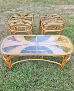 Vintage Coastal  Palm Bamboo Rattan  Glass Top Coffee & End Tables Set Of 3  - Picture 1 of 10