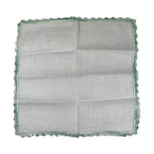 Vintage White Handkerchief Hanky Green Crochet Border Ireland Pure Linen Pocket - Picture 1 of 5