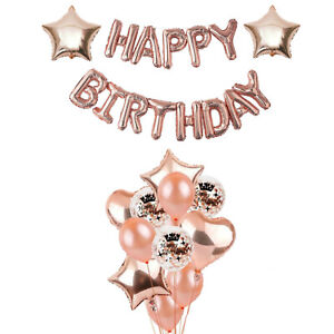 Rose Gold Happy Birthday Party Decorations, Rose Gold Confetti Balloons Backdrop