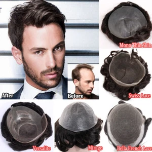 Poly Skin Fine Mono Toupee Replacement System Men's Virgin Human Hair Piece Wigs - Picture 1 of 31