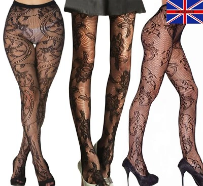 NEW Black Patterned Fishnet Tights Lace Floral  Pattern Womens Hosiery UK 6-16 - Image 1 of 4