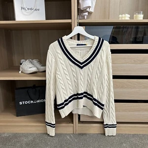 Polo Ralph Lauren Womens Cricket Cable-Knit Jumper Size XL Cream V-Neck Sweater - Picture 1 of 7