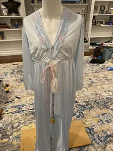 Vintage Gilead Light Blue Floral Long Gown Robe Peignoir Pajama Size Small - Picture 1 of 6