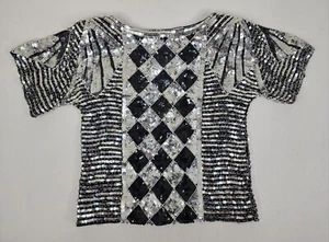 VTG Dominique Mob Boss Wife Womens Silk Sequin Beaded Disco Blouse 70s 80s Small - Picture 1 of 14