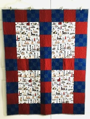 Lighthouse Quilt - Nautical Theme - 50x65 - Handmade - 100% Cotton (14) - Image 1 of 4