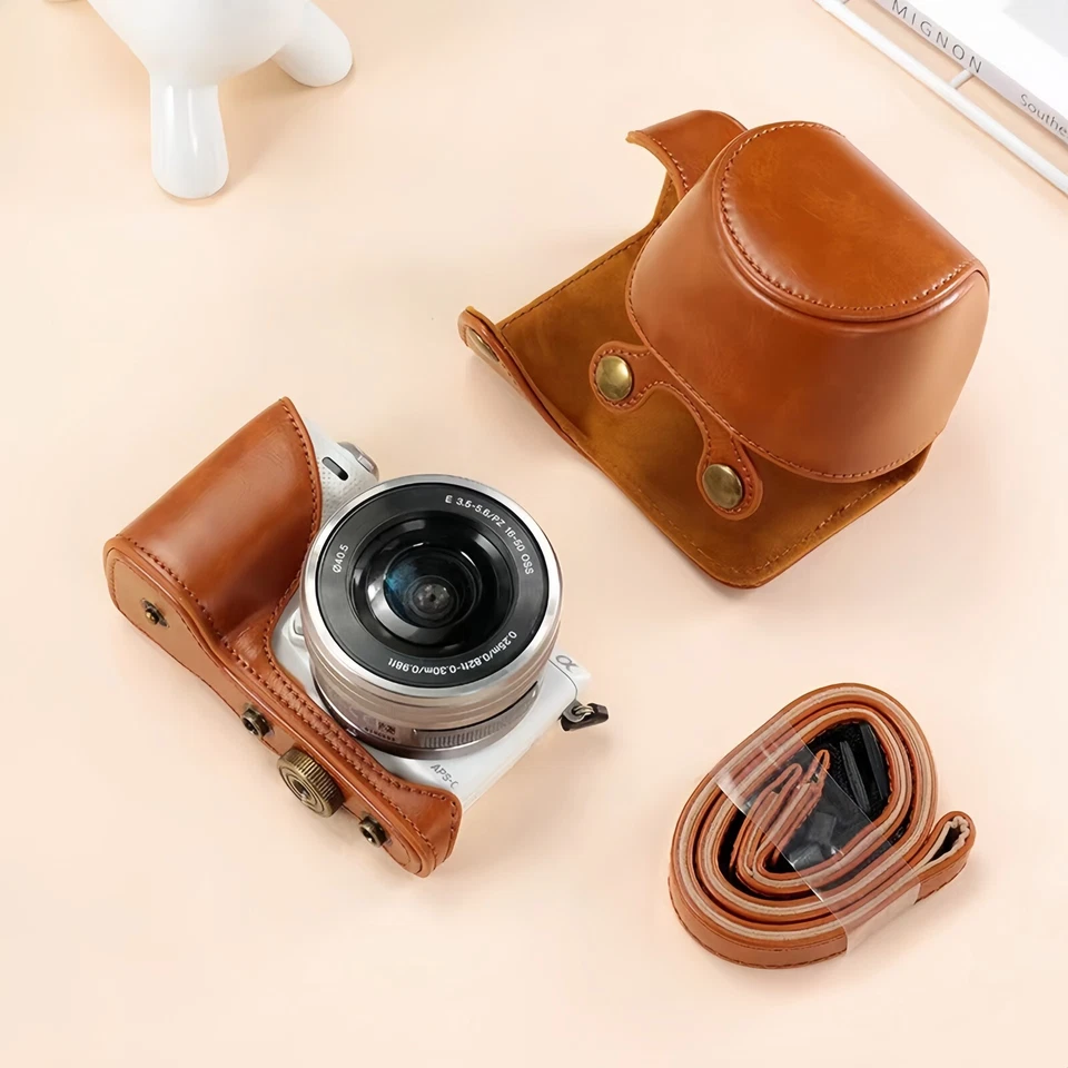 Bolsa de câmera de couro estojo rígido para Sony NEX-5R com alças de ombro - Imagem 1 de 4