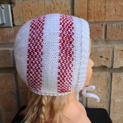 Sombrero tejido bebé niña gorro blanco rojo corbata frontal hecha a mano talla 5-9 meses Foto 1 de 4