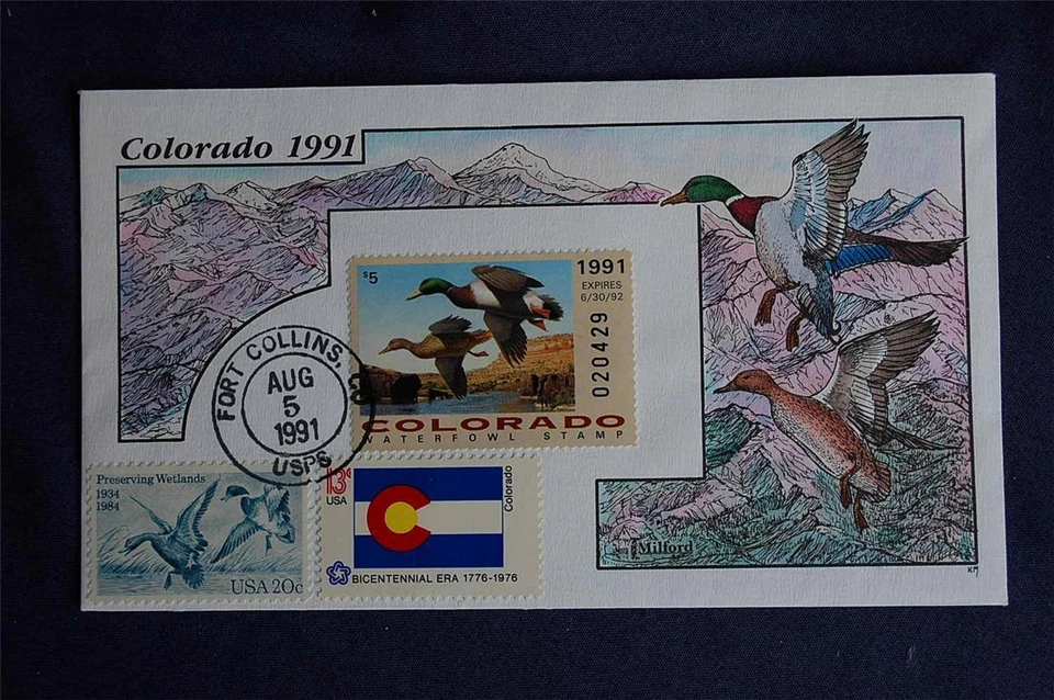 Milford Colorado 1991 $5 Duck Stamp FDC HP Collins Sc#CO2 W/2092 & 1670 - Image 1 of 1