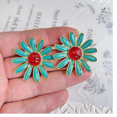 925 Silver Post Enamel Blue Flower Earrings Tassel Dangle Drop Stud Jewelry - Image 1 of 4