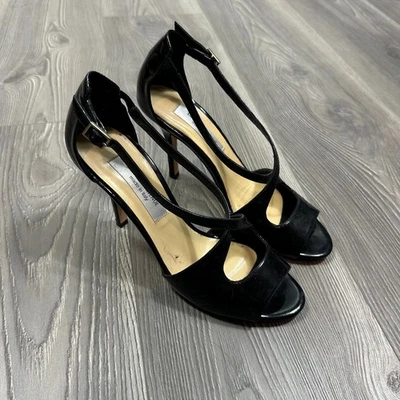 Saks Fifth Avenue Black Patent Leather Open Toe Heels Size 6.5 | Classic 3.5” - Image 1 of 4