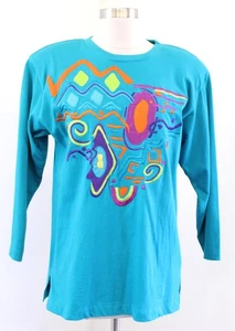Vtg 90s Teal Blue Geometric Embroidered Tee T Shirt Size XS IB Diffusion Retro - Picture 1 of 8