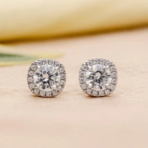 Lujosos tachuelas con halo de plata de ley 925 circonita cúbica redondos tachuelas brillantes regalo - Imagen 1 de 8