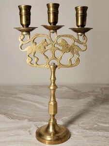 Vintage Brass Lion of Judah Three-Arm Candelabra – 12" Tall Candle Holder - Picture 1 of 10