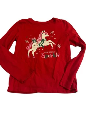 Camiseta roja unicornio Navidad Holiday Time Girls manga larga talla mediana 7/8 Foto 1 de 4