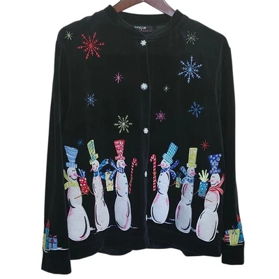 Chaqueta Muñeco de Nieve Negro Terciopelo Bordado Apliques Copo de Nieve Botones Grande Foto 1 de 4