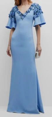 $1190 Badgley Mischka Women's Blue Floral Bead-Embellished Gown Dress Size 4 - Image 1 of 4