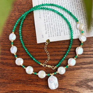 3mm Faceted Green Spinel Round Gems Beads Natural White Pearl Pendant Necklace - Picture 1 of 22