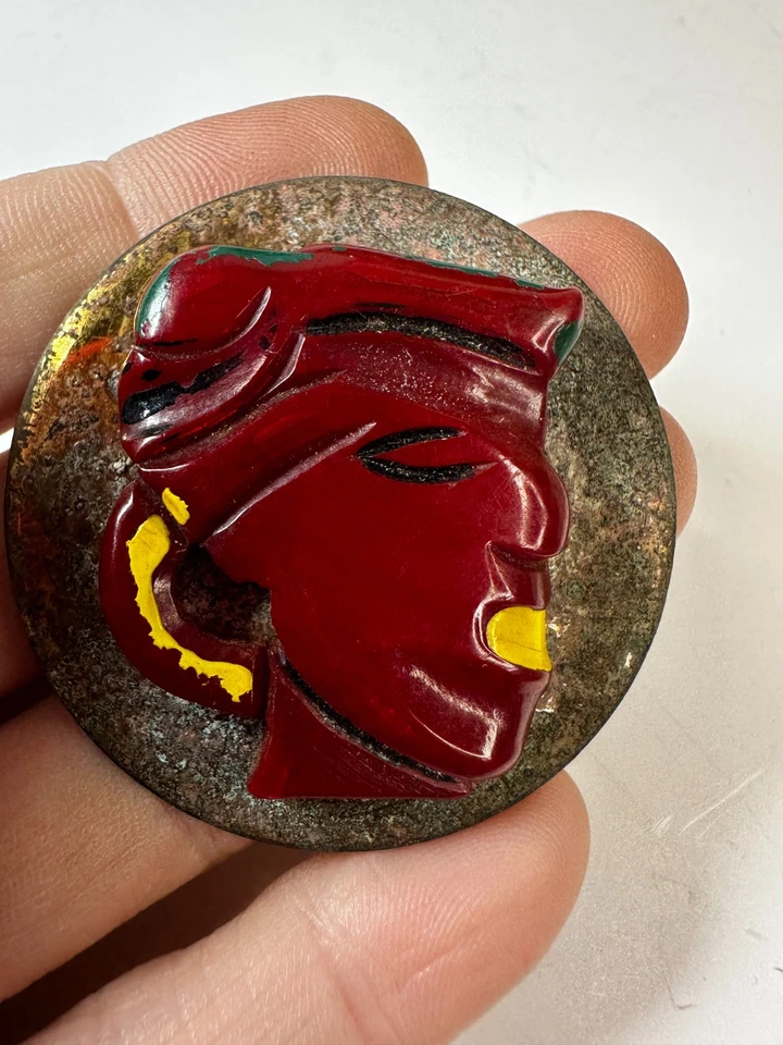 Vintage Button Bakelite Red Carved Face Profile Cameo AS IS DAMAGED CRAFT - Image 1 of 4