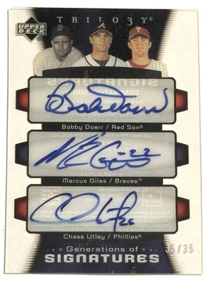 2005 Upper Deck Trilogy Chase Utley Bobby Doerr Giles Triple Auto #35/35 1/1 UD - Image 1 of 3