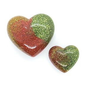 2 PIECE RESIN 3D HEARTS, PAPER WEIGHTS, ORNAMENTS OR CRAFT WITH. RED, GREEN GOLD