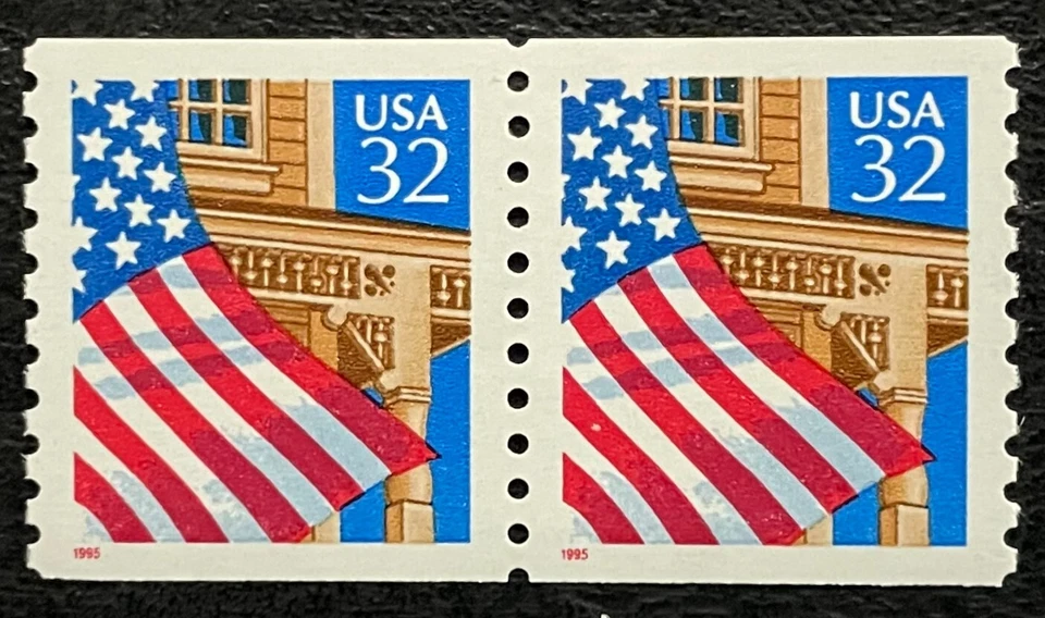 1995 Scott #2913I, 32¢, FLAG OVER PORCH - Coil Pair Red "1995" Low Gloss - MNH - Image 1 of 1
