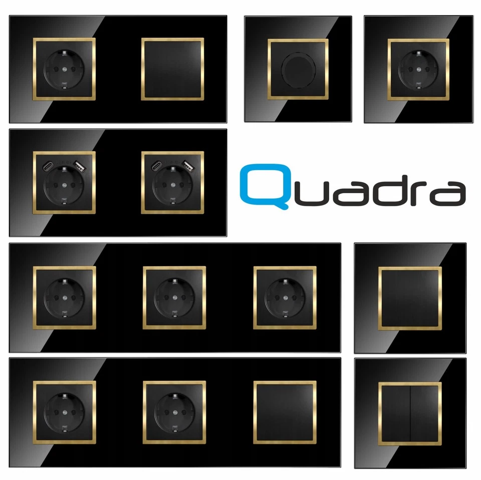 ADELID® Glas Lichtschalter Steckdose Schuko Schalter Dimmer Türklingel USB Gold Schwarz