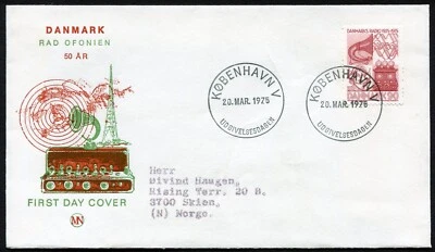 Dinamarca FDC MN Cachet 1975.03.20. Sello único de radio danesa del 50 aniversario Foto 1 de 2
