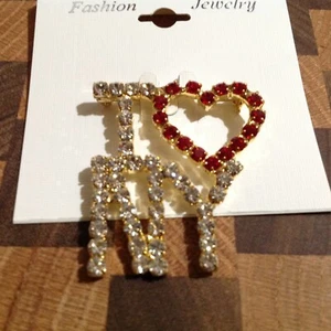 Broche prendedor I Love NY New York estrás rojo transparente tono dorado nuevo - Imagen 1 de 3