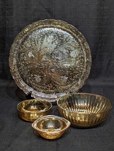 Vintage Etched Floral Amber Carnival Glass Platter 13 1/2” And 3 Assorted Bowls - Picture 1 of 5
