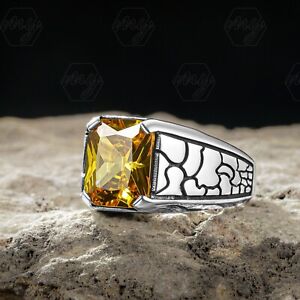 925 Sterling Silver Rectangle Shape Yellow Citrine Turkish Men's Ring