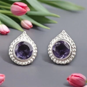 Natural Iolite Gemstone Stud Minimalist Earrings 925 Sterling Silver Jewelry - Picture 1 of 4
