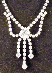 Rhinestone Necklace Silver Small Bib Front Triple Drop Silvertone 1960s Vintage - Picture 1 of 3
