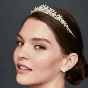 New CRYSTAL & PEARL Floral Silver Tiara $129.95 David’s Bridal - Picture 1 of 5